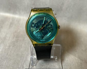 Vtg Swatch Gents Turquoise Bay GK103 1987 1980s 32mm Rare Blue - New Battery