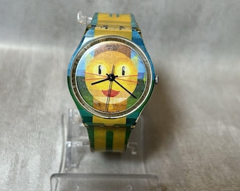Swatch Watch BOLD CAT 2 GE231 Yellow Orange Striped Kitty Vtg 2009 - New Battery