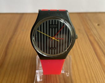 Vintage 1980s Swatch 1985 Pinstripe Operation Watch GA265 Pink Band -New Battery