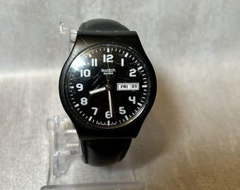 Vtg Swatch Watch Black AG2003 Day Date Gents Leather 37mm Rare - New Battery