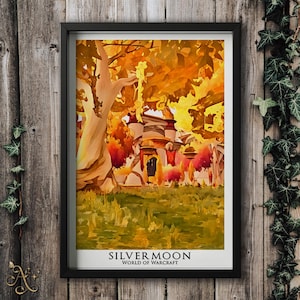 May include: A digital painting of the city of Silvermoon in World of Warcraft. The city is surrounded by trees with yellow and orange leaves. The city is built in a style reminiscent of a medieval castle, with tall towers and a large central courtyard.