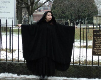 Wool Wrap Cape Ruana, with Dramatic Velvet Lined Hood