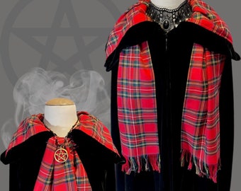 Velvet Capelet, Red Satin Lined, Dramatic Hood, Royal Stewart Plaid Hood Lining & Sash