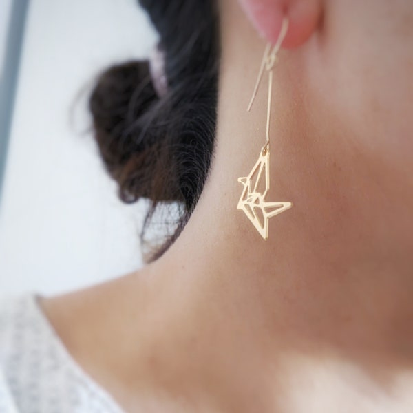 Long drop wire mini crane earrings • origami bird jewelry • bridesmaids gift for her