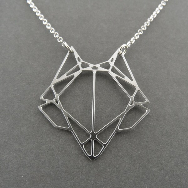 geometric fox, fox necklace, geometric necklace, fox head necklace, fox jewelry, fox pendant, gift for her, silver fox, silver jewelry