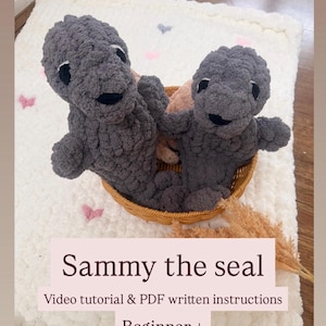 Puede incluir: Dos peluches de foca grises tejidos a ganchillo en una cesta de mimbre, sobre una manta blanca y esponjosa con detalles de corazones rosas y grises. Se muestra el texto "Sammy the seal", junto con "Video tutorial & PDF written instructions" y "Beginner +."