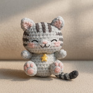 Può includere: Bambola a forma di gatto all'uncinetto fatta a mano, grigia con strisce grigio scuro, dettagli rosa e un collare a stella dorata. Il gatto ha una faccia sorridente e cuscinetti rosa. La coda è a strisce.