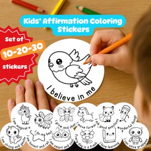 子ども向け肯定的な表現を教える塗り絵ステッカー、肯定的な行動の強化、SELツール、自信をつける、情緒学習、静かな時間を楽しむアクティビティ