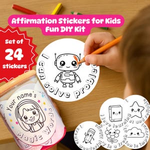 Naklejki do kolorowania dla dzieci, afirmacje, zestaw naklejek Kawaii z cytatami, naklejka z uroczymi postaciami, spersonalizowane imię, aktywność zwiększająca pewność siebie