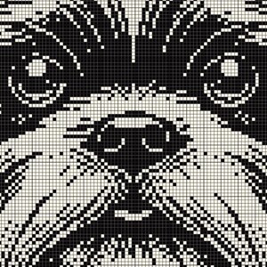 Op de afbeelding: Zwart-witte pixel art illustratie van een hondenkop. De hond heeft een korte, platte neus en grote, ronde ogen.