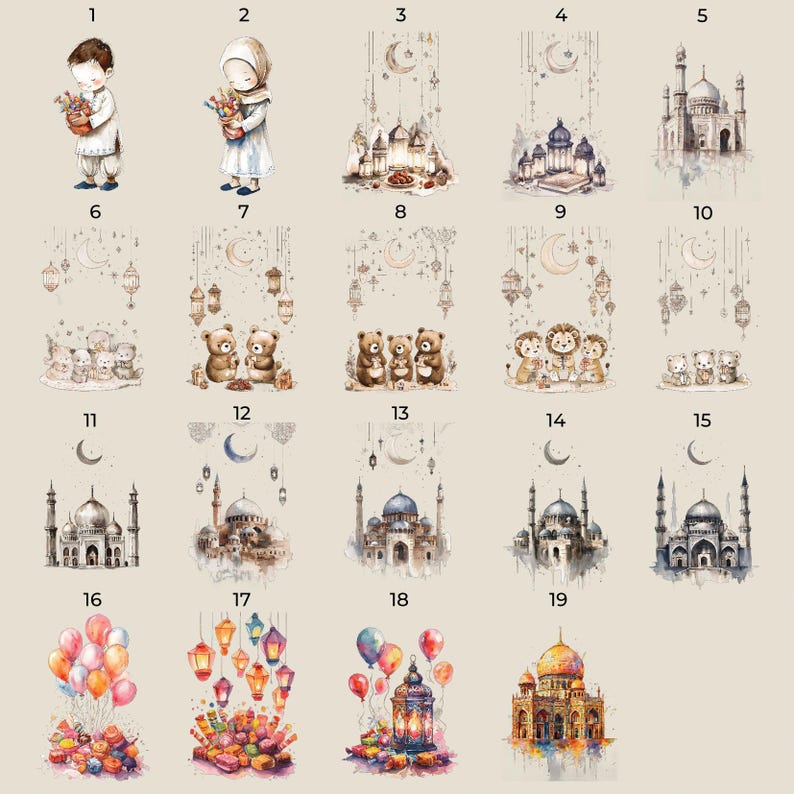 May include: Set of 19 watercolor illustrations featuring various Ramadan themes, including crescent moons, lanterns, mosques, bears, and lions. The illustrations are in a soft, whimsical style and are perfect for adding a touch of Ramadan cheer to your projects.