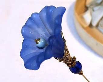 Blue MORNING GLORY HATPIN with Crystal on Gold Finish Setting - 8 inch Long Hatpin