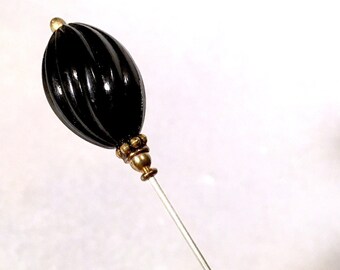 Long Black Bead  9.3/4 inch Hatpin: Gold Finish Setting, Handcrafted