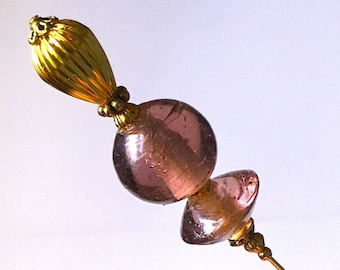 HATPIN with 2 Vintage Light PURPLE GLASS - Ring and Ball on Gold Finish Setting