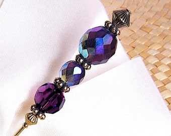 PURPLE HATPIN with 3 Vintage CRYSTALS in Old Brass Finish Setting - 6 inch Ladies Hatpin, Lapel pin