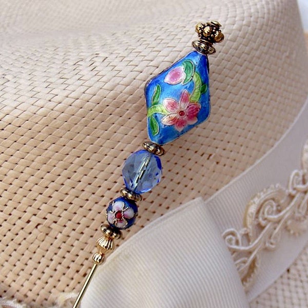 HATPIN with AQUA Gold CLOISONNE and Colorful Detailed Flowers - 6" Teal Hat Pin