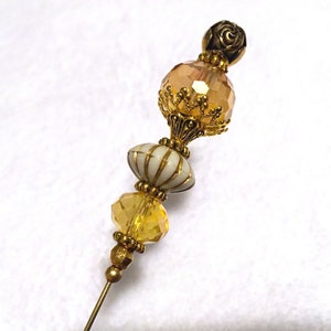 HATPIN with Large PEACH AMBER Crystals set on 8" Gold Brass Finish Setting