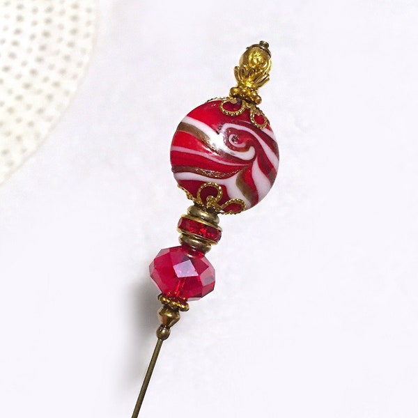 HATPIN with RED Lamp-work Bead with White Swirls on Gold Finish Setting - 8 inch