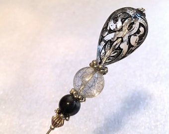 Celtic Hatpin: Clear Teardrop Bead, Silver Finish, 8 Inch