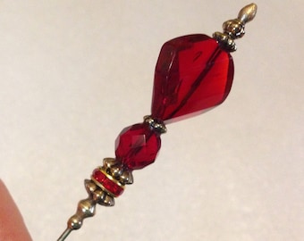 HATPIN with RED CRYSTAL and Rhinestones on Gold Finish Setting - 6&quot;