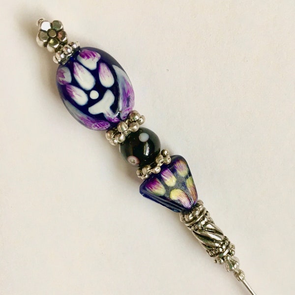 HATPIN with Dark PURPLE GLASS Hand Made Wedding Cake Bead with Silver Finish Setting - 8" #hat pin