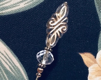 6 inch Hatpin: French Gold Motif, Crystal  Brass Finish