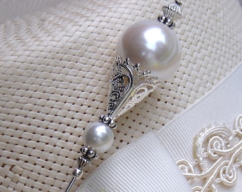 HATPIN with 2 FAUX PEARLS on Old Silver Finish Setting - 8 inch Hat pin
