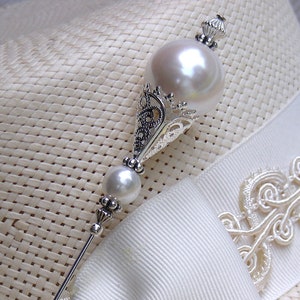 HATPIN with 2 FAUX PEARLS on Old Silver Finish Setting - 8 inch Hat pin