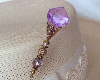 HATPIN with Light PURPLE Crystal Shape and Crystal on Gold Finish Setting - 8.75 in