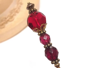 8 inch HATPIN with 3 RED Vintage CRYSTALS in Old Brass Finish Setting - Hat pin