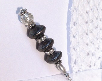 HATPIN with 3 Vintage DARK GRAY Brushed Discs on Silver Finish Setting - 8"