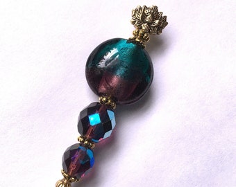 HATPIN with Aqua GREEN & Dark PURPLE Vintage Lamp-work Glass and 2 Crystals on Brass Setting 8"