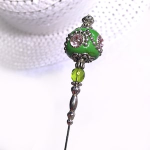 HATPIN with Hand made Lime GREEN INDONESIAN Bead with Rhinestones and Crystal in Silver Setting
