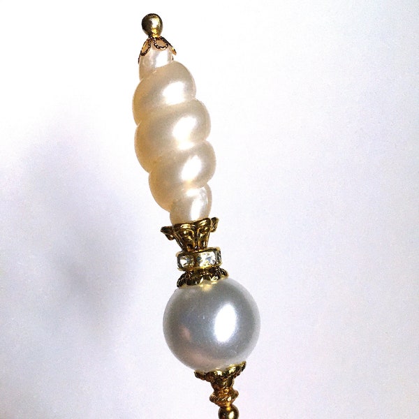 HATPIN with Twisted Baroque FAUX PEARL & Rhinestones in Gold Finish Setting