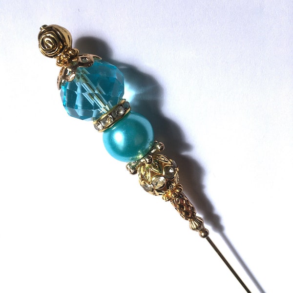 HATPIN with Light AQUA Swarovsky Crystal and Faux Pearl set in Gold Finish Findings