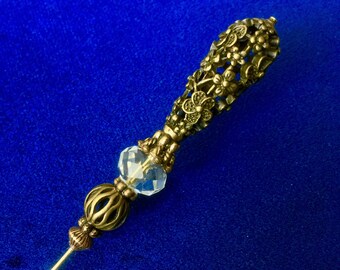 HATPIN with Vintage Tibetan Design and antique Bronze Finish + Sparkling Crystal