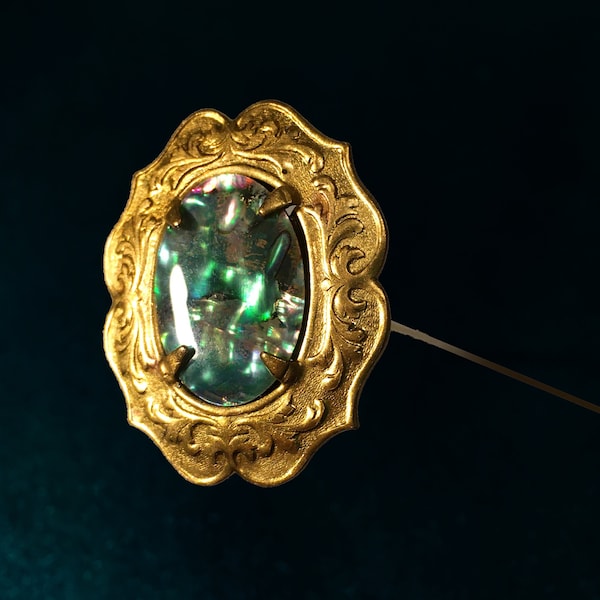 Hatpin with Green Abalone Shell Cabochon on Gold Finish  8 in. Victorian Style Hat pin