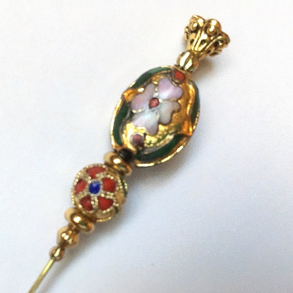 HATPIN with Splendid GOLD CLOISONNE and Colorful Detailed Flowers - 8 inch