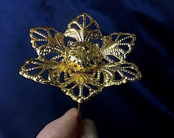 HATPIN With Splendid CLASSY FILIGREE Flower - Gold Finish - 8" Long