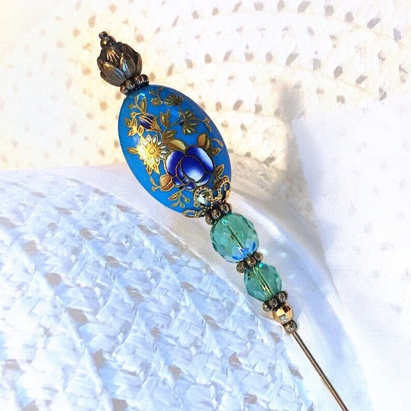 HATPIN with TEAL Oval Japan TENSHA Bead W/ Flowers on Gold Finish Setting - 8 inch