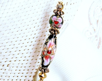 HATPIN with Slim BLACK CLOISONNE with Pink Flowers in Gold Finish Setting - 8 inch