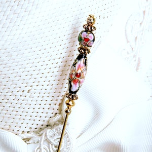 HATPIN with Slim BLACK CLOISONNE with Pink Flowers in Gold Finish Setting 8 inch image 3