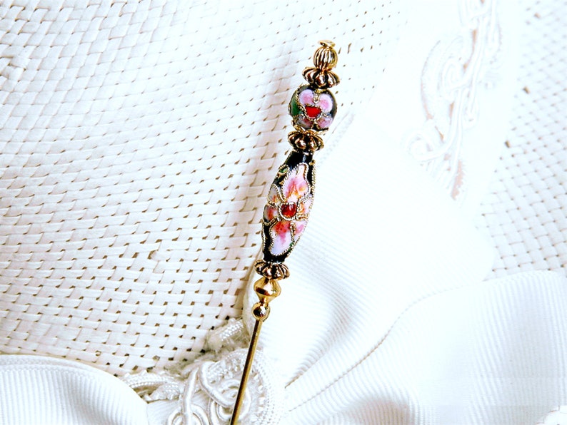 HATPIN with Slim BLACK CLOISONNE with Pink Flowers in Gold Finish Setting 8 inch image 3