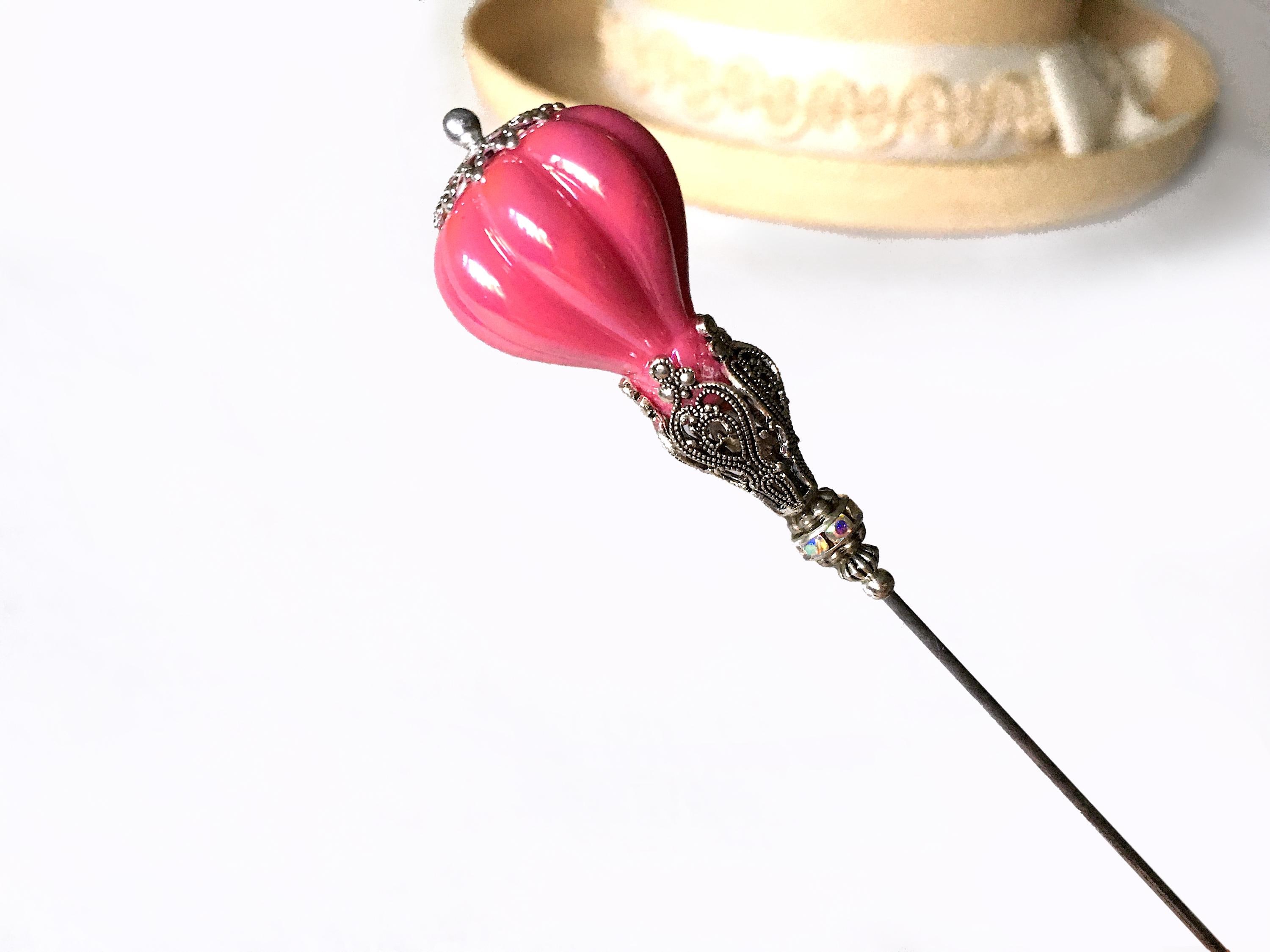 Sturdy 10 inch Dark PINK Hatpin PEARL BALLOON in Gothic Silver Setting 10"
