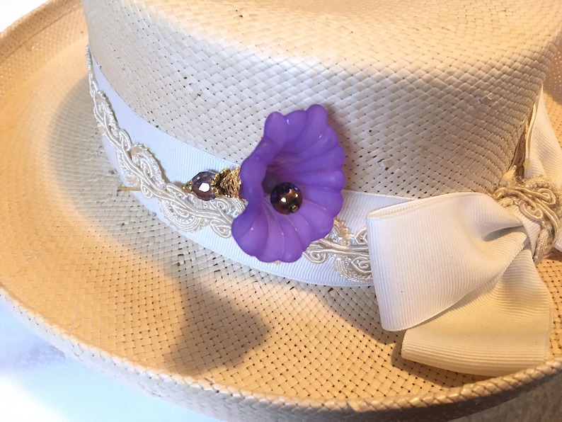 Purple MORNING GLORY HATPIN with Crystal on Gold Finish Setting - 8 inch Long Hatpin image 8