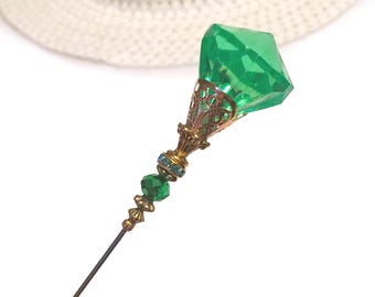 LIGHT GREEN HATPIN with Fashion Crystal in Gold Finish Setting - 8 inch Hat pin
