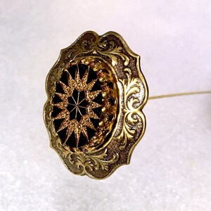 HATPIN with Vintage German Glass CABOCHON Black and Gold set on 8" Brass Finish