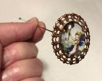 HATPIN with Young VICTORIAN FAIRY & Flower Cabochon on Old Brass Setting - (Cameo)