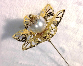 HATPIN With Splendid CLASSY FILIGREE Flower with Faux Pearl - Gold Finish - 8" Long