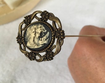 The SISTERS HATPIN with Ivory and Black CAMEO set in Antique  Brass Bezel - 8 Inch